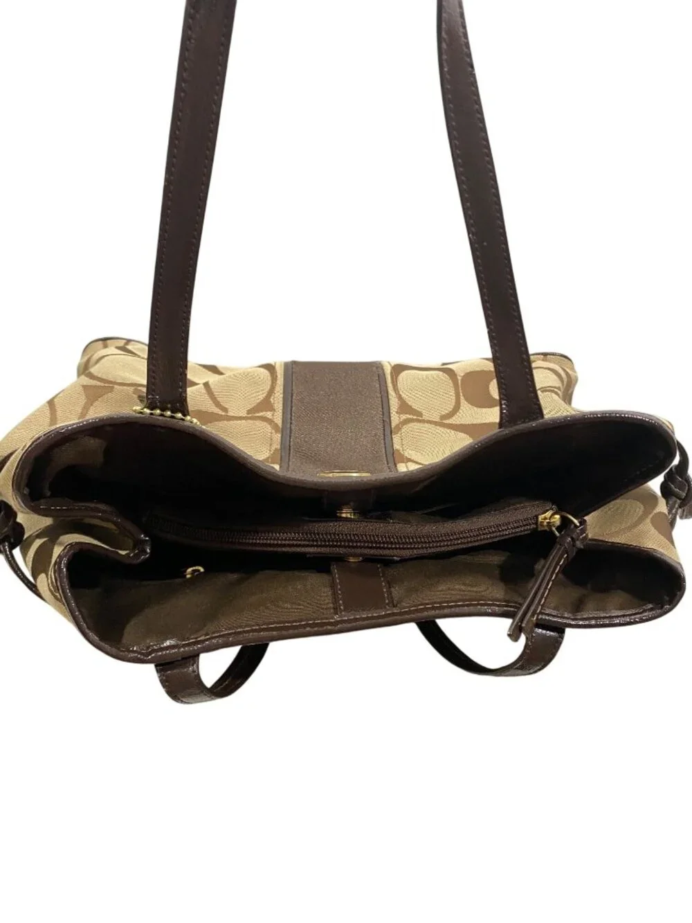 Coach Signature Canvas Tote Bag With Brown Leather Trim & Gold Hardware F21949